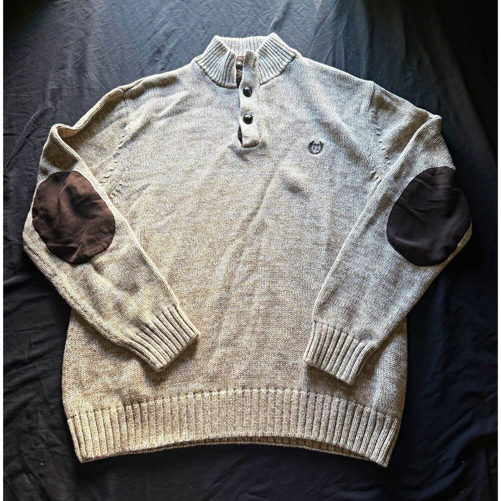 Chaps Mens Chunky Knit  Sweater M Mock Neck Button Pullover Elbow Patch Preppy